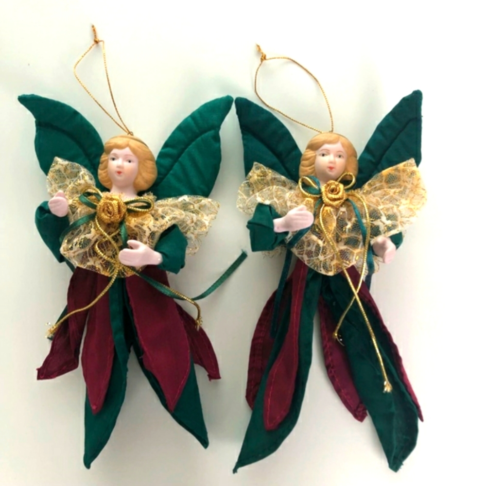 RARE VINTAGE HANDMADE CERAMIC FABRIC ANGEL CHRISTMAS TREE ORNAMENT RED GREEN 2pc